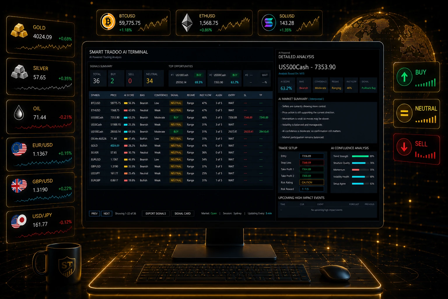 Smart Tradoo AI Terminal dashboard with watchlist and detailed market analysis